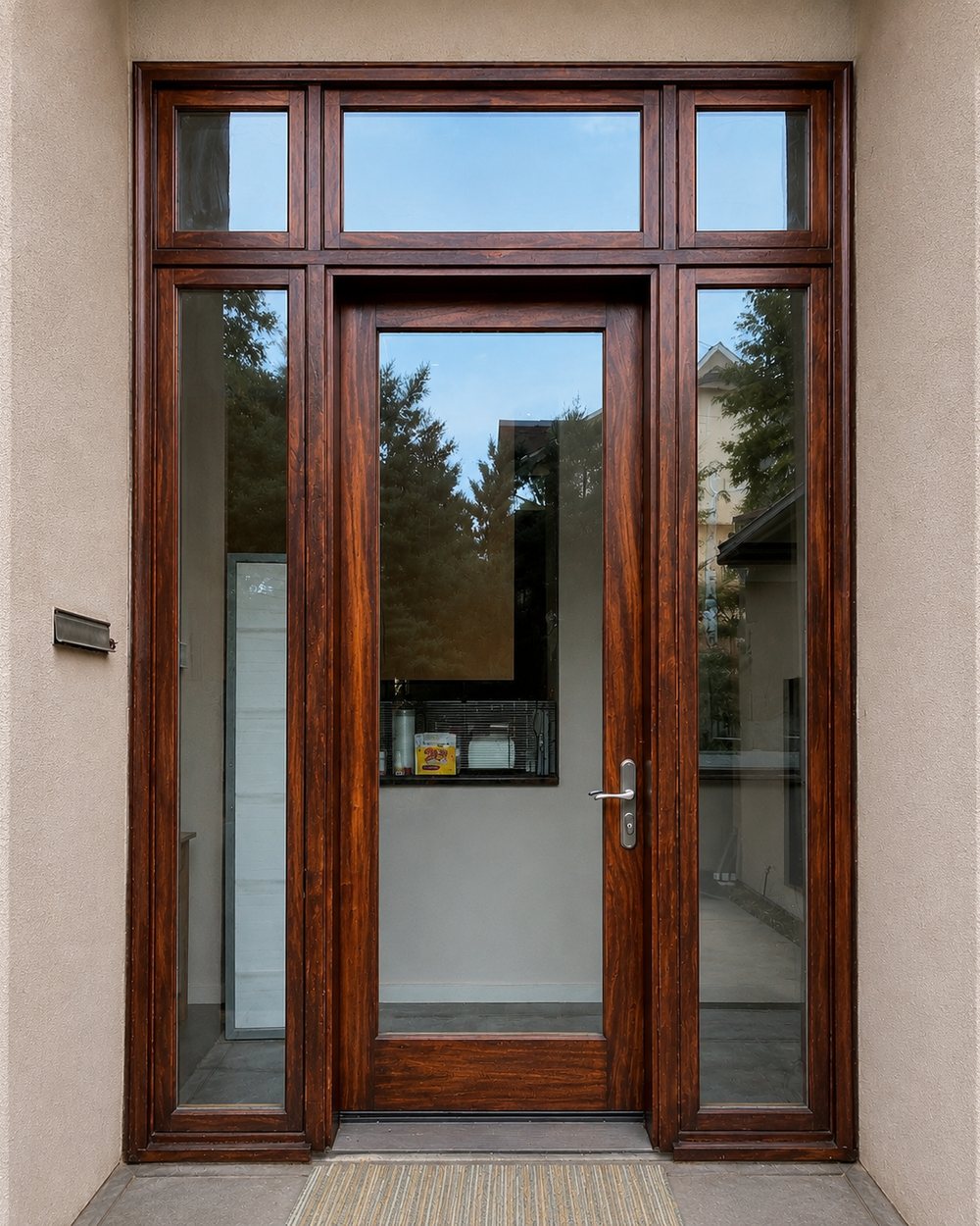Front entry door with sidelights & transom — after refinishing