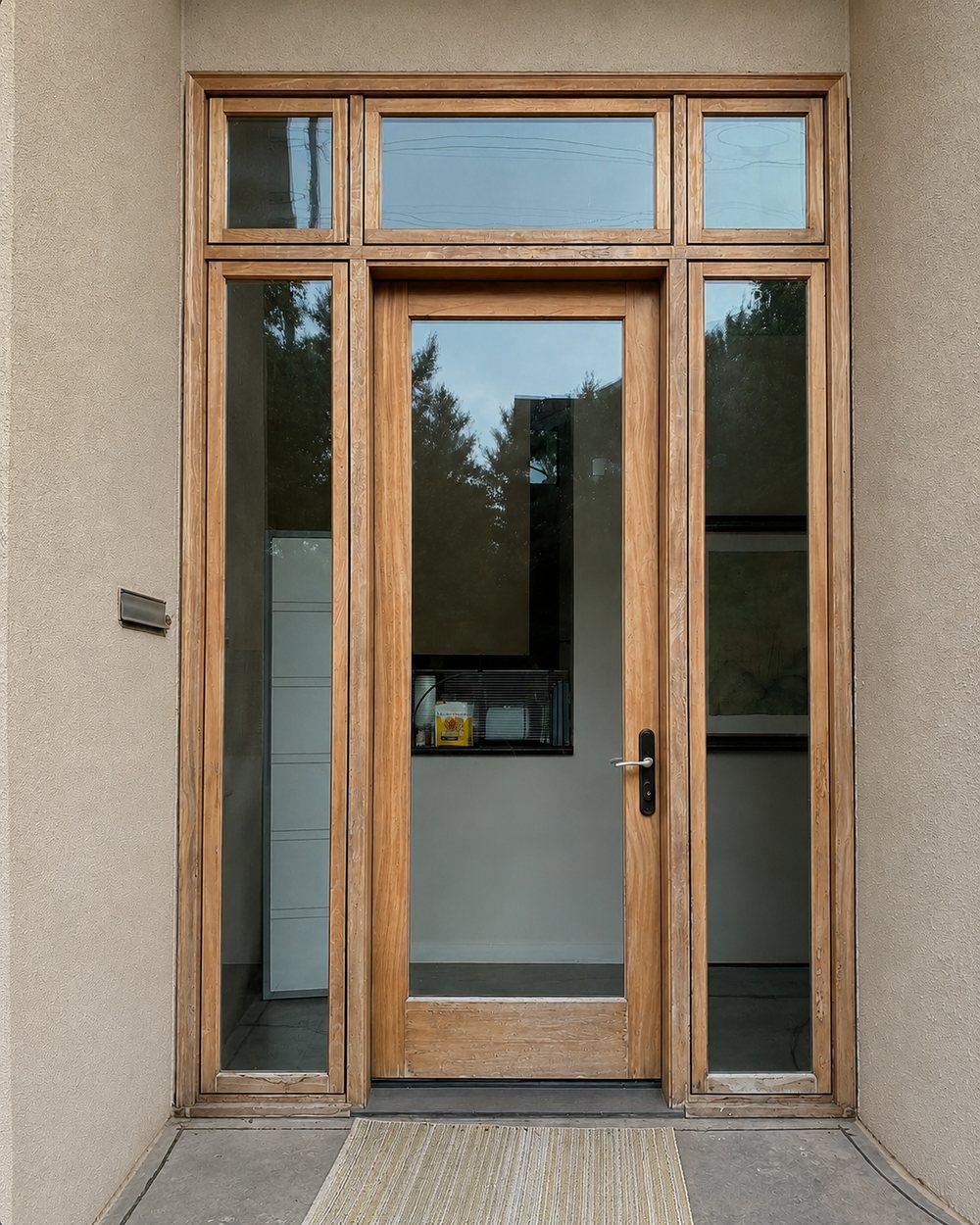 Front entry door with sidelights & transom — before refinishing